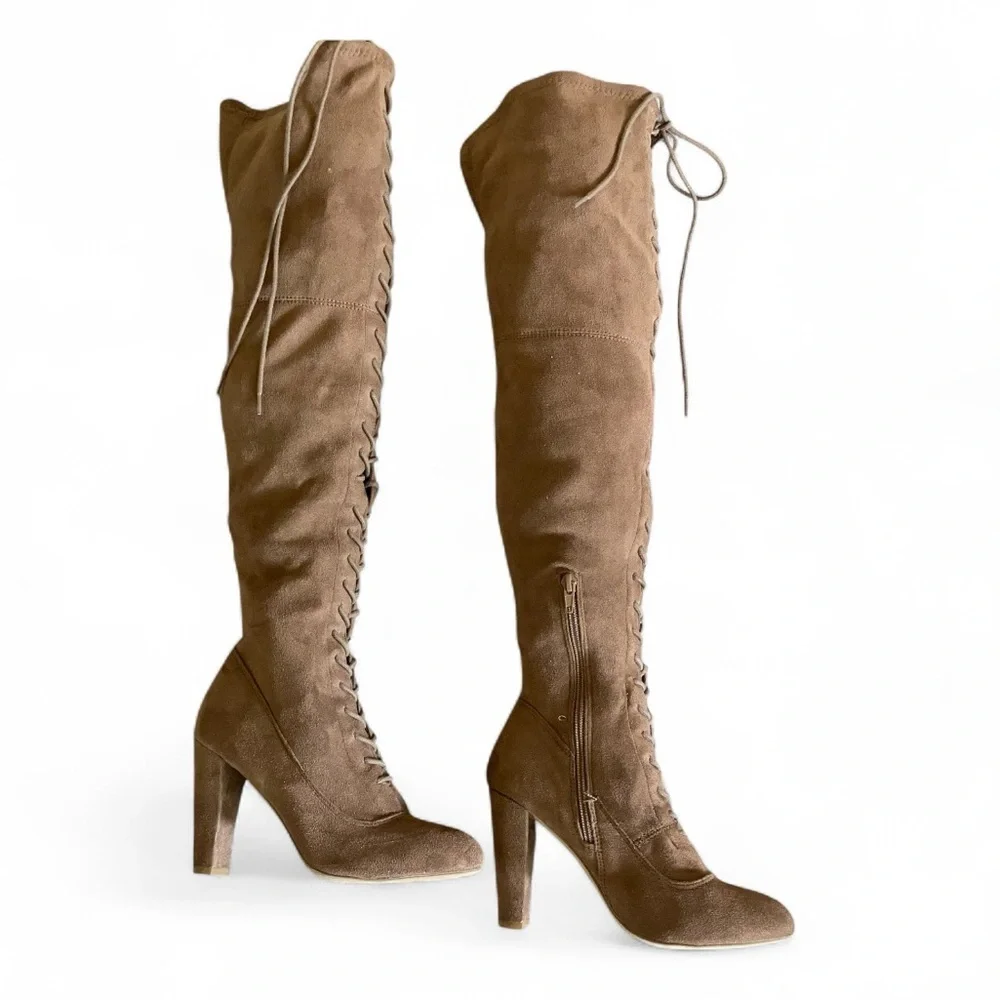 WILD DIVA Faux Suede Lace Up Front Over the Knee Heeled Boots Size 7 Brown